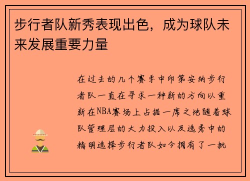步行者队新秀表现出色，成为球队未来发展重要力量
